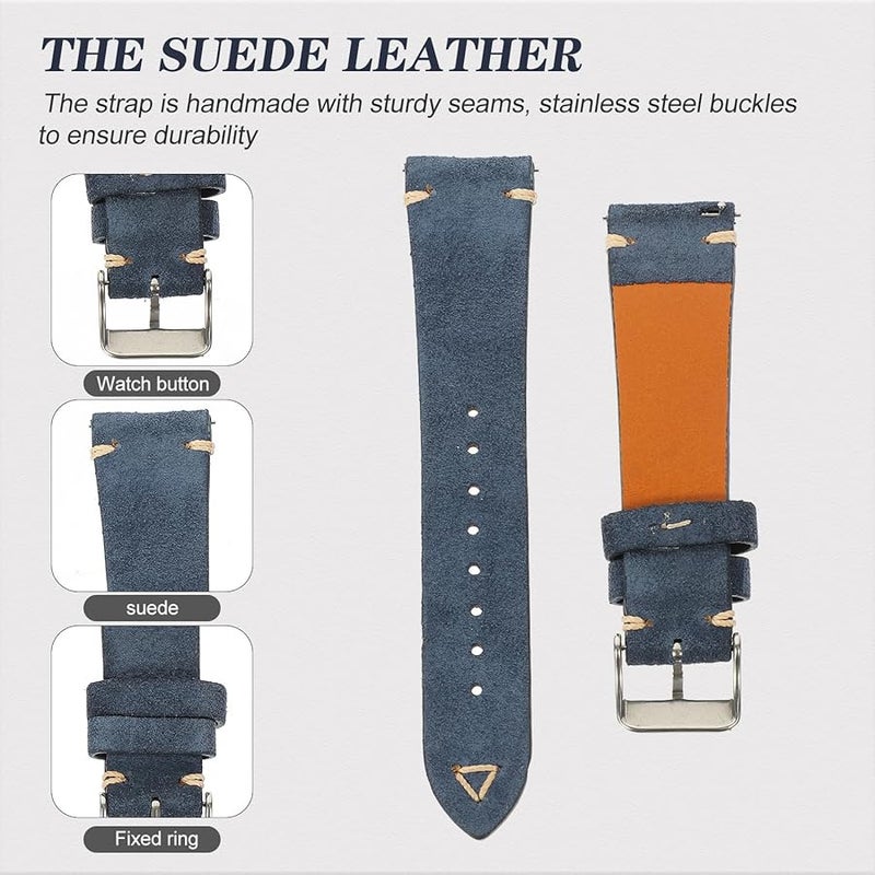 Genuine Suede Leather Watch Band 22Mm Blue Adjustable Replacement Strap For Men - Image 5